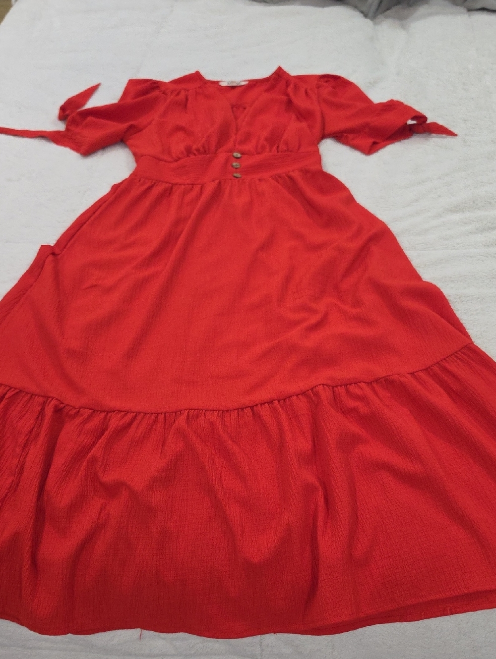Orange Red Midi Dress with Buttoned Waist